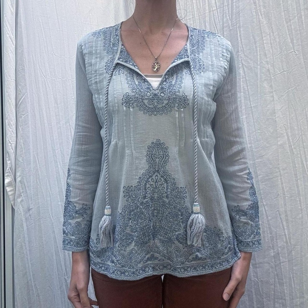 Blue Cotton Embroidered Peasant Top Chelsea and Theodore Small Hippie Boho